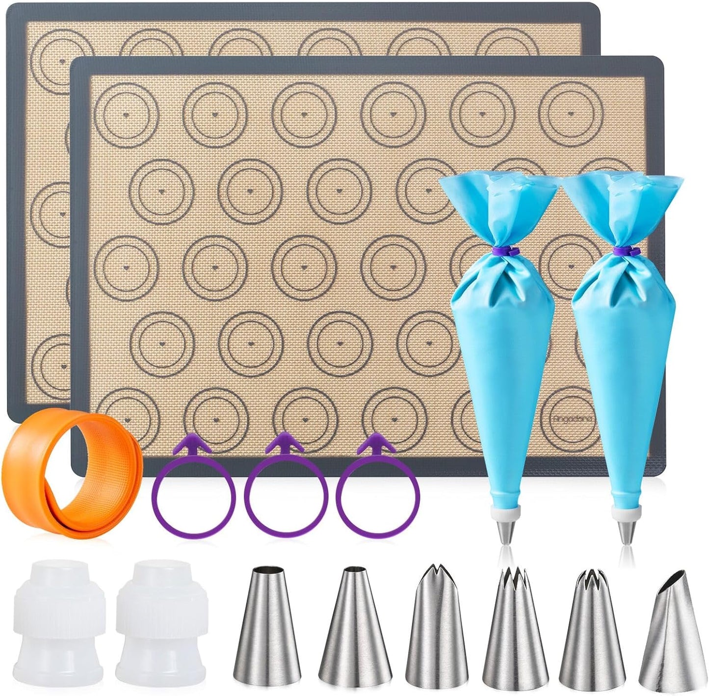 Angadona Macaron Silicone Baking Mats Kit (16pcs set) Macaroon Baking Mat Set of 2 Half Sheet Macaron Silicone Mat Nonstick Macaron Mat Sheet,6 Piping Tip,2 Piping Bag with 3 Bag Tie,2 coupler