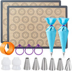 Angadona Macaron Silicone Baking Mats Kit (16pcs set) Macaroon Baking Mat Set of 2 Half Sheet Macaron Silicone Mat Nonstick Macaron Mat Sheet,6 Piping Tip,2 Piping Bag with 3 Bag Tie,2 coupler