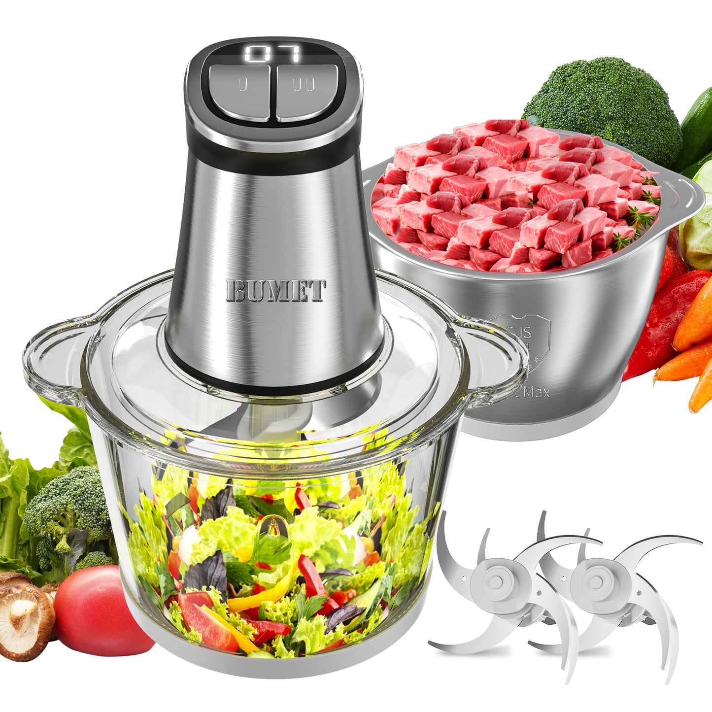 Electric Food Processor Meat Grinder 800W 2x12cups LED Timer Electric Food Chopper Vegetable chopper 3 layers 6 blades for Mincing Puree for home use kitchen aid for pet food,baby food by BUMET