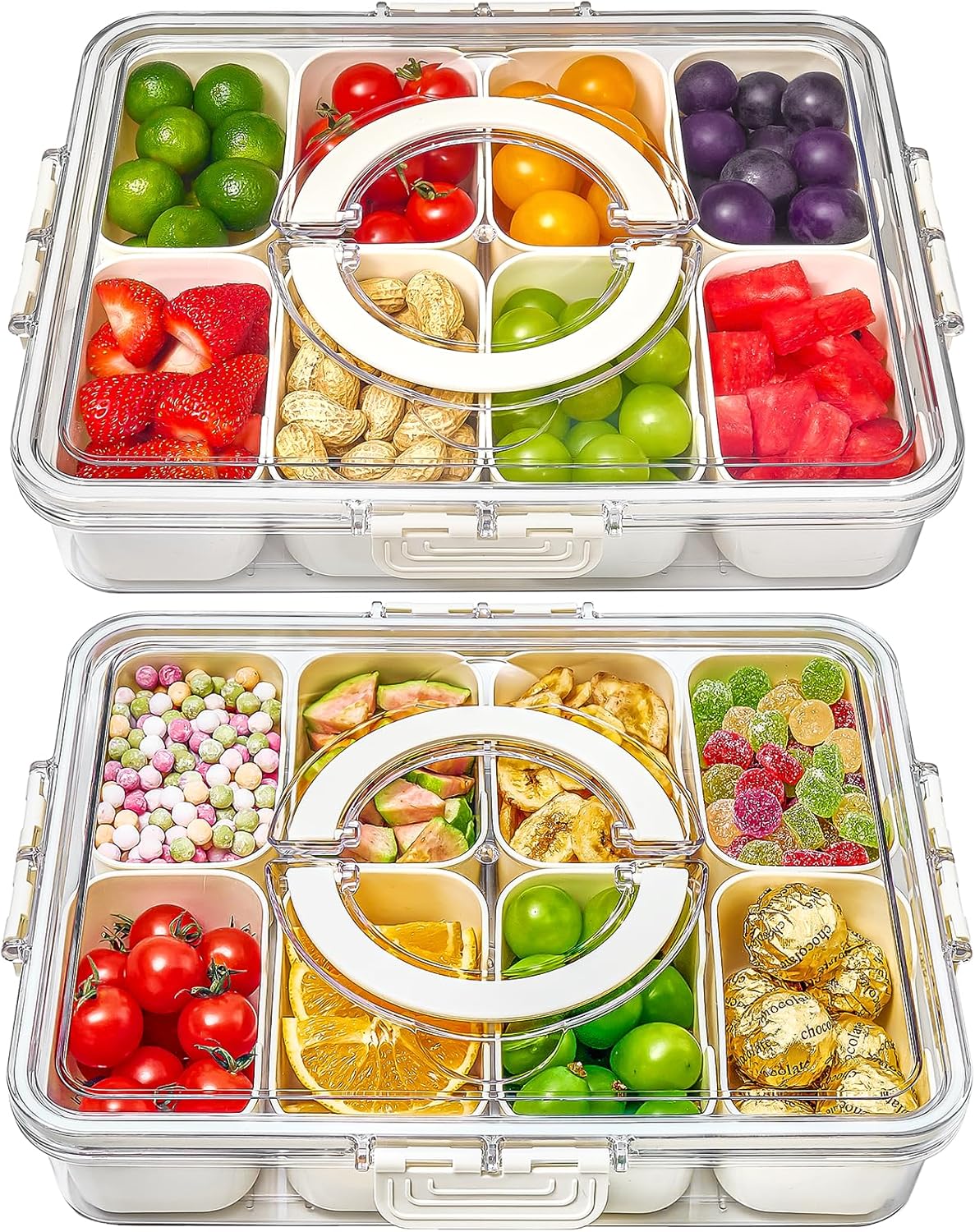 Mfacoy Snackle Box Container, 2 Pack Divided Serving Tray with Lid and Handle, Snack Box Charcuterie Container for Portable Snack Platters, Clear Organizer for Candy, Fruits, Travel, Party, Picnic
