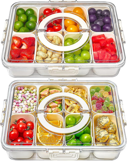 Mfacoy Snackle Box Container, 2 Pack Divided Serving Tray with Lid and Handle, Snack Box Charcuterie Container for Portable Snack Platters, Clear Organizer for Candy, Fruits, Travel, Party, Picnic