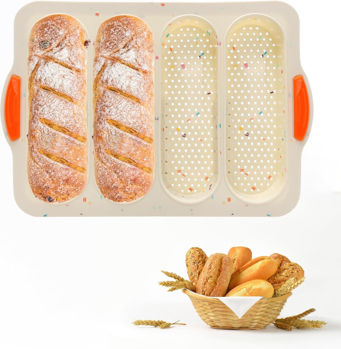 French Bread Hoagie Sub Roll Baking Pans 4-slot, Non Stick Silicone Mould Mold Tray for Sandwich Baguette Hot Dog Bun Loaf Food, Mini Tool Set for Restaurant Homemade Household Breakfast Dinner-Beige