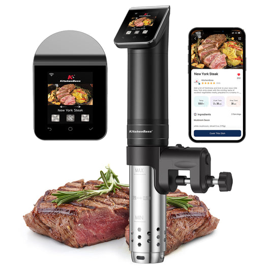 KitchenBoss WIFI Sous Vide Cooker: Ultra-Quiet Sous-vide Cooking Machine 1100 Watts Stainless Steel Immersion Circulator for Kitchen with TFT Preset Recipes, Black