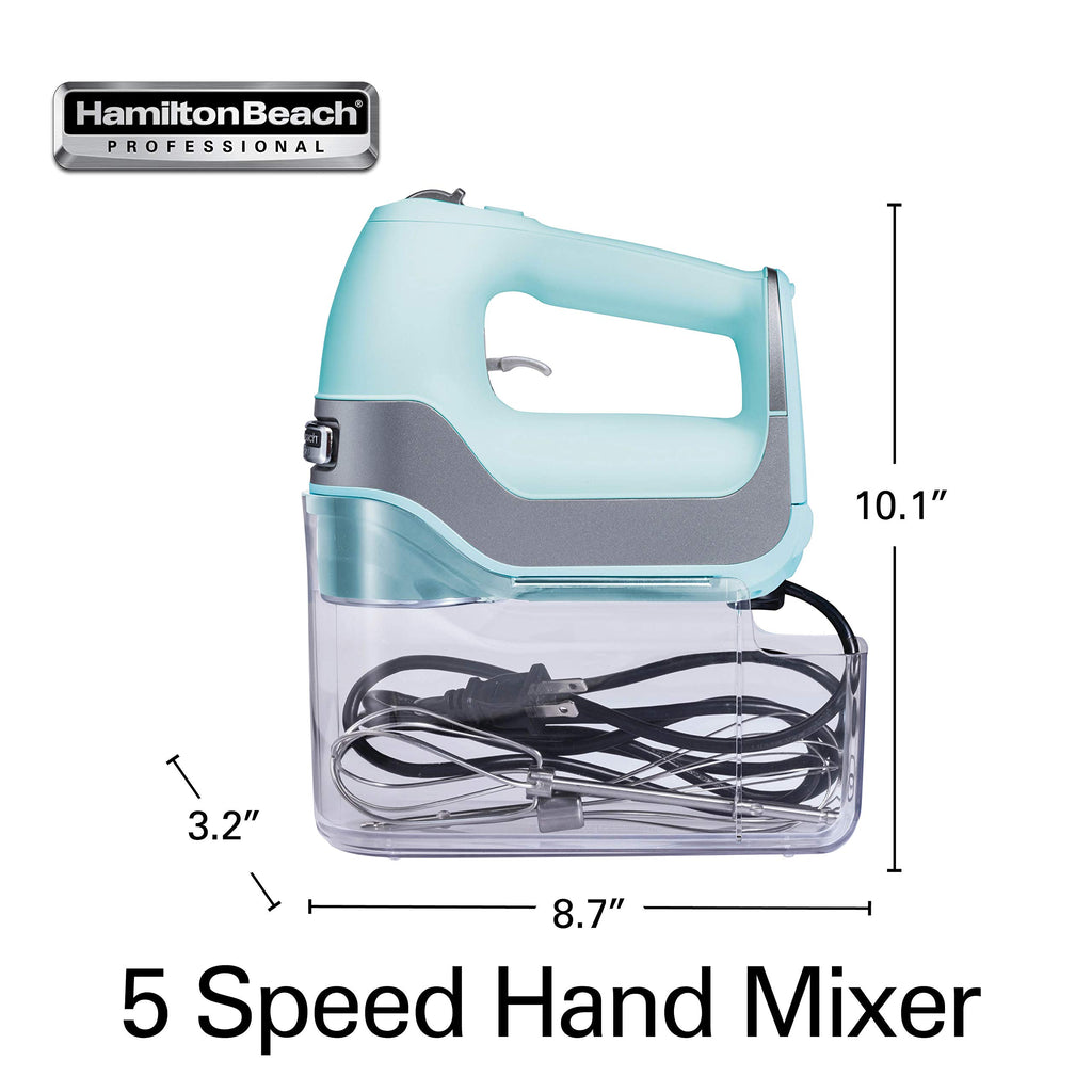 Hamilton Beach Professional 5-Speed Electric Hand Mixer with Snap-On Storage Case, QuickBurst, Stainless Steel Twisted Wire Beaters and Whisk, Mint (62658)