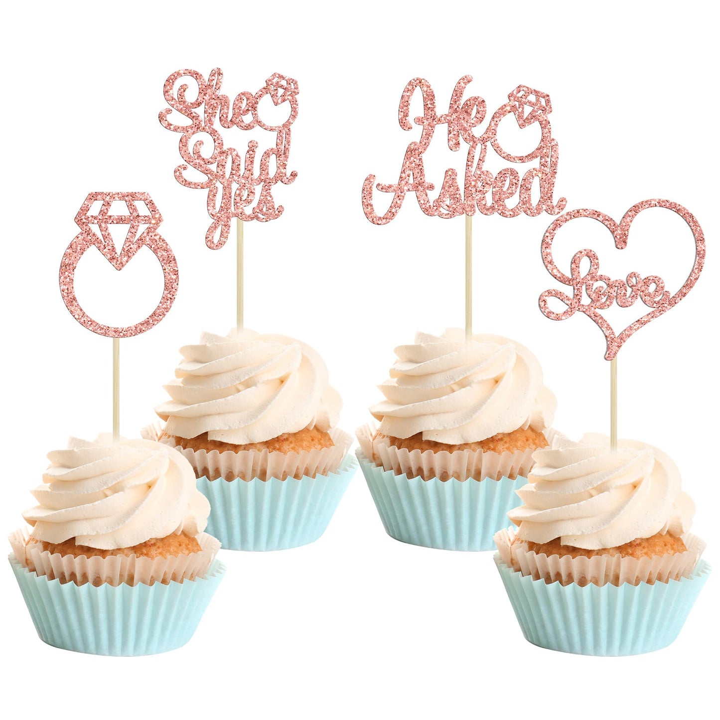 Gyufise He Asked She Said Yes Cupcake Toppers Gold Glitter Diamond Ring Heart Love Cake Picks for Wedding Engagement Party Cake Decorations 24 Pack