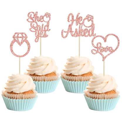 Gyufise He Asked She Said Yes Cupcake Toppers Gold Glitter Diamond Ring Heart Love Cake Picks for Wedding Engagement Party Cake Decorations 24 Pack