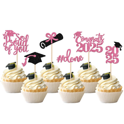 24 PCS 2025 Graduation Cupcake Toppers Glitter Diploma Congrats Grad Cap Cupcake Picks Class of 2025 Cake Decorations for 2025 Graduation Theme Party Supplies Pink