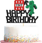 Happy Birthday Cake Topper, Pixel Style Cake Picks Decorations, Block Video Game Themed Cake Topper for Kids Boy and Girl, Black