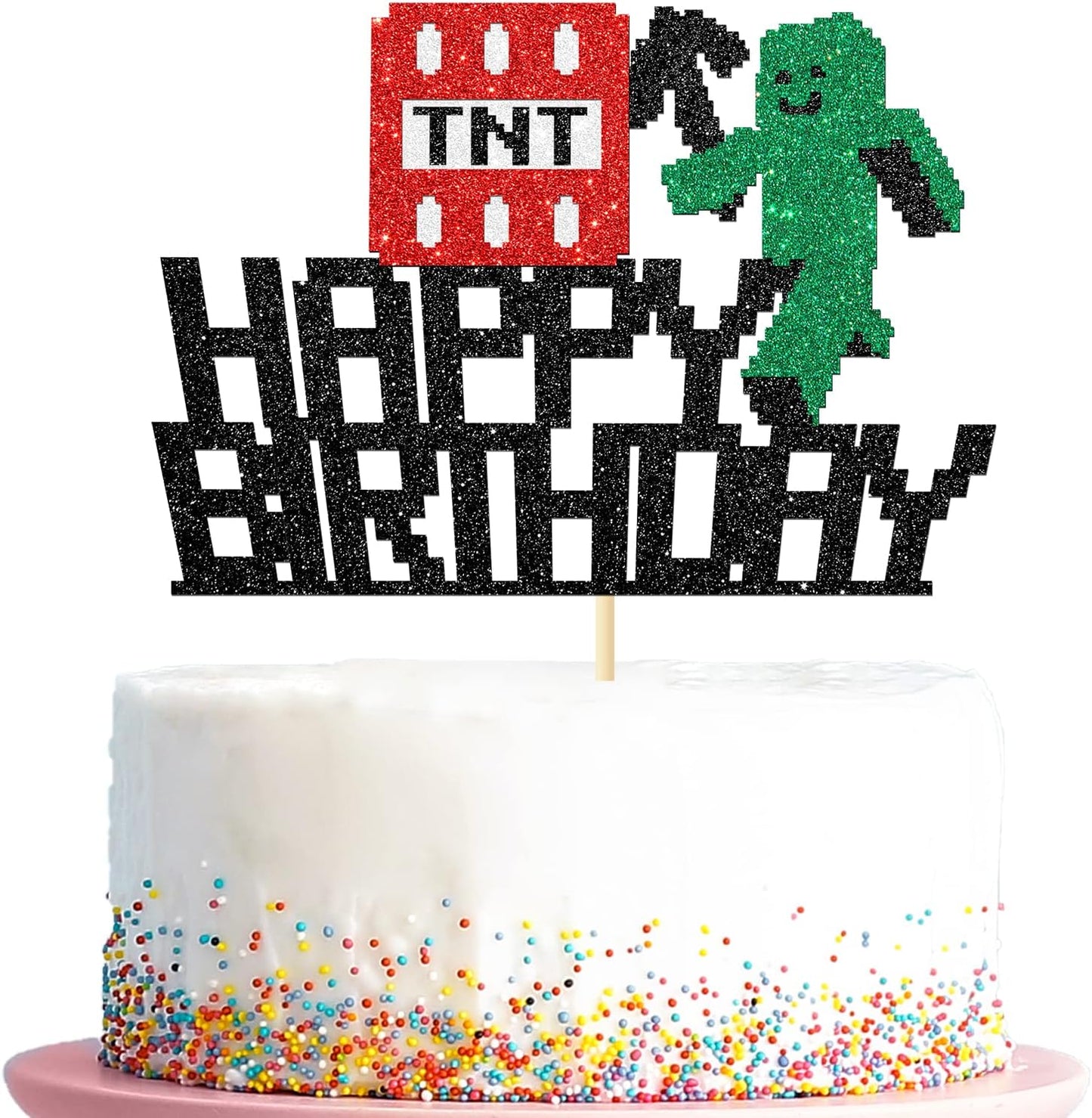 Happy Birthday Cake Topper, Pixel Style Cake Picks Decorations, Block Video Game Themed Cake Topper for Kids Boy and Girl, Black