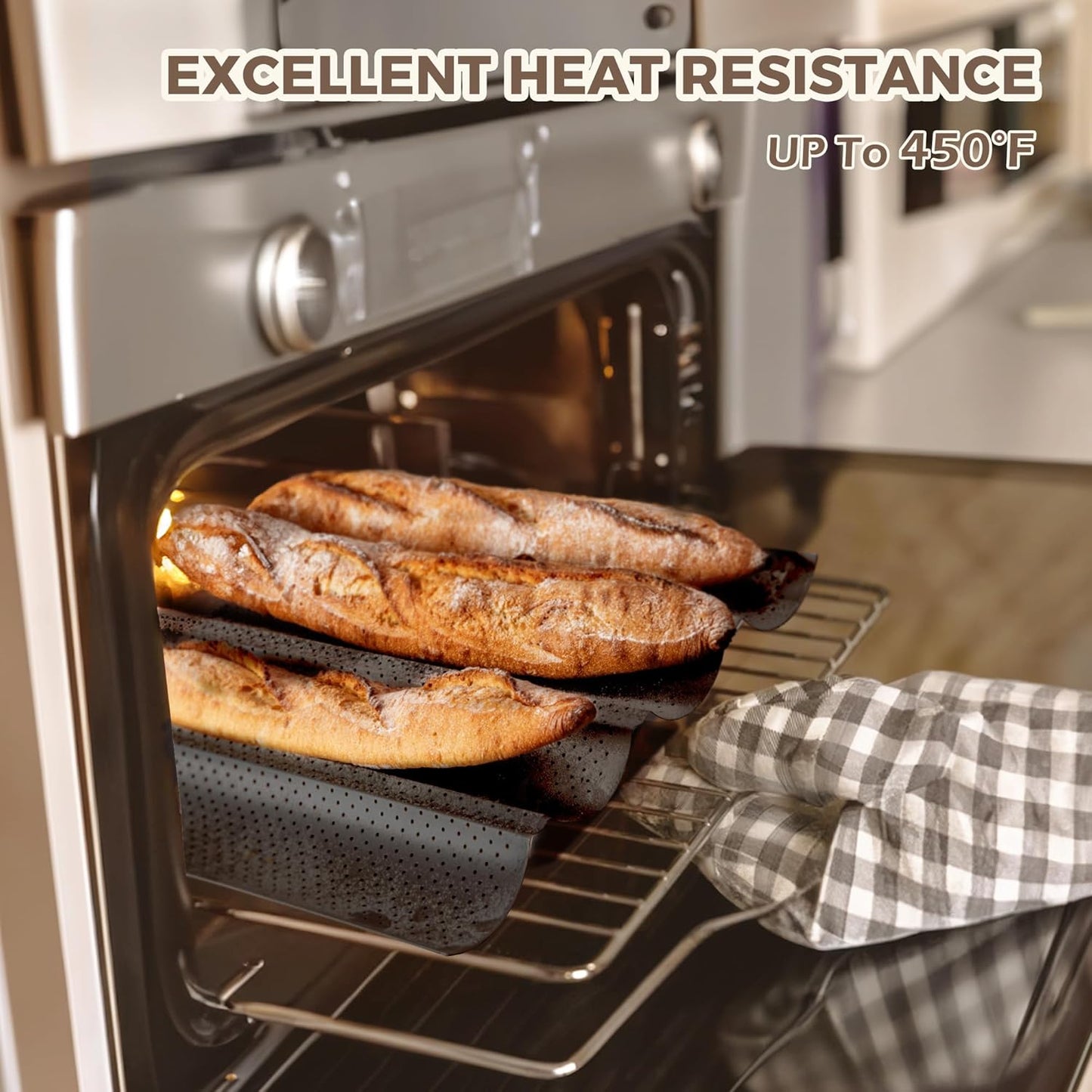 KITESSENSU Nonstick Baguette Pans for French Bread Baking, Perforated 4 Loaves Baguettes Bakery Tray, 15" x 13", Silver