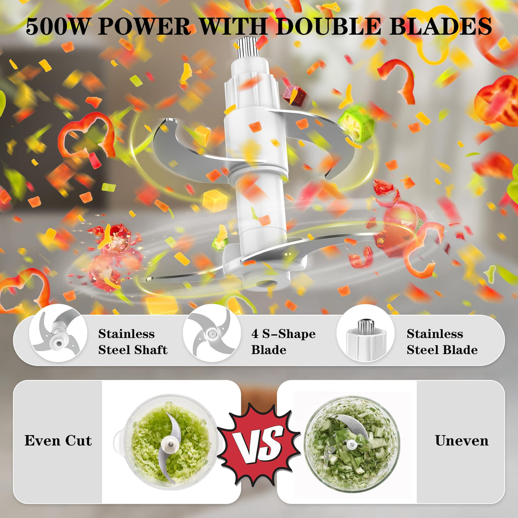 KingAcc Food Processor, 500W Powerful Electric Meat Grinder Chopper With 2 Bowls (8 Cup+8 Cup), 2 Sets Blades Mini Meat Mincer For home kitchen Use Vegetable,Garlic,Onion,Fruit,Baby Food