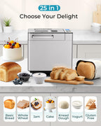 EUHOMY 25-in-1 Bread Maker Machine 2LB Breadmaker, Bread Machines with Nut Dispenser and Yeast Dispenser, 3 Loaf Sizes 3 Crust Colors, Dough Maker with Customized Options, Gluten-Free, Recipe, Gifts