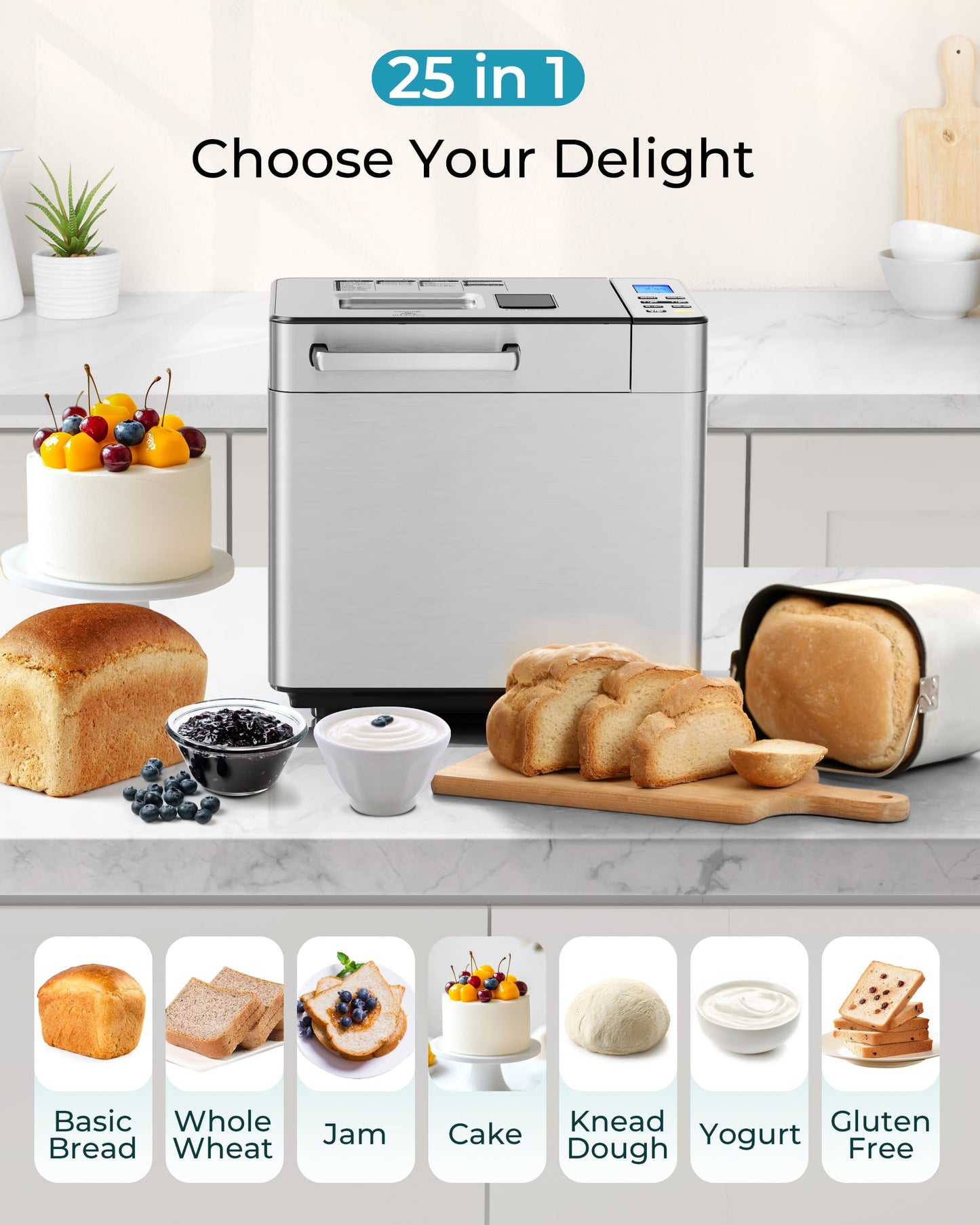 EUHOMY 25-in-1 Bread Maker Machine 2LB Breadmaker, Bread Machines with Nut Dispenser and Yeast Dispenser, 3 Loaf Sizes 3 Crust Colors, Dough Maker with Customized Options, Gluten-Free, Recipe, Gifts