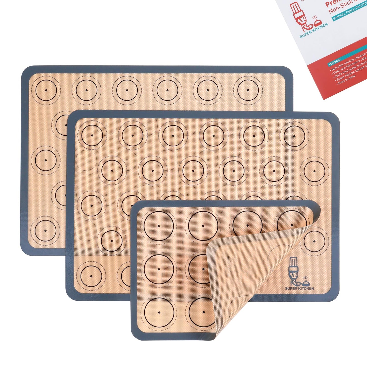 Silicone Baking Mat Macaron - Set of 3 (2 Half Sheet Liners and 1 Quarter Sheet), Non Stick Silicon Cookie Oven Liner For Macaroons, Bake Pans, Pizza, Toaster, Cake and Bread Making (Red,Blue,Gray)