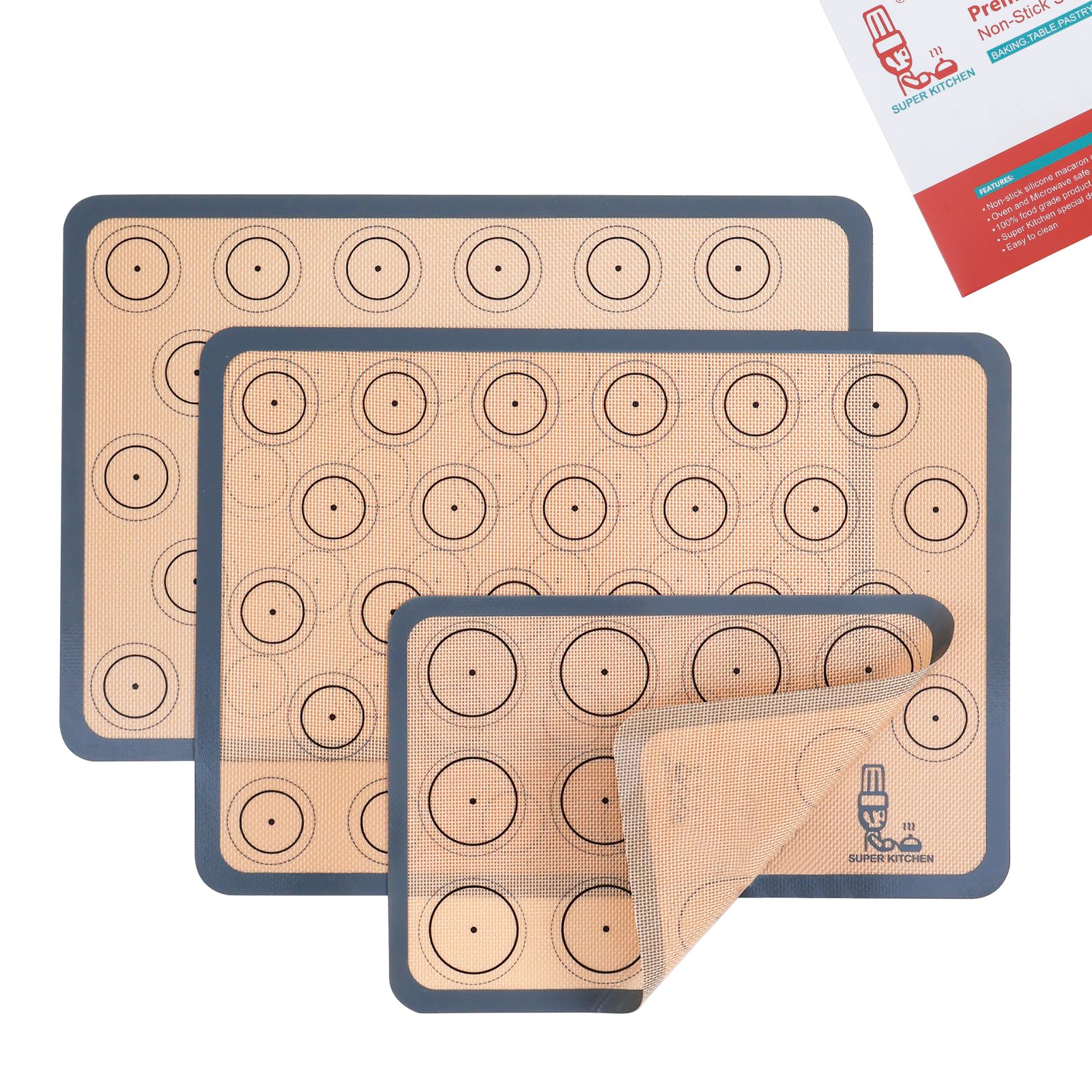 Silicone Baking Mat Macaron - Set of 3 (2 Half Sheet Liners and 1 Quarter Sheet), Non Stick Silicon Cookie Oven Liner For Macaroons, Bake Pans, Pizza, Toaster, Cake and Bread Making (Red,Blue,Gray)