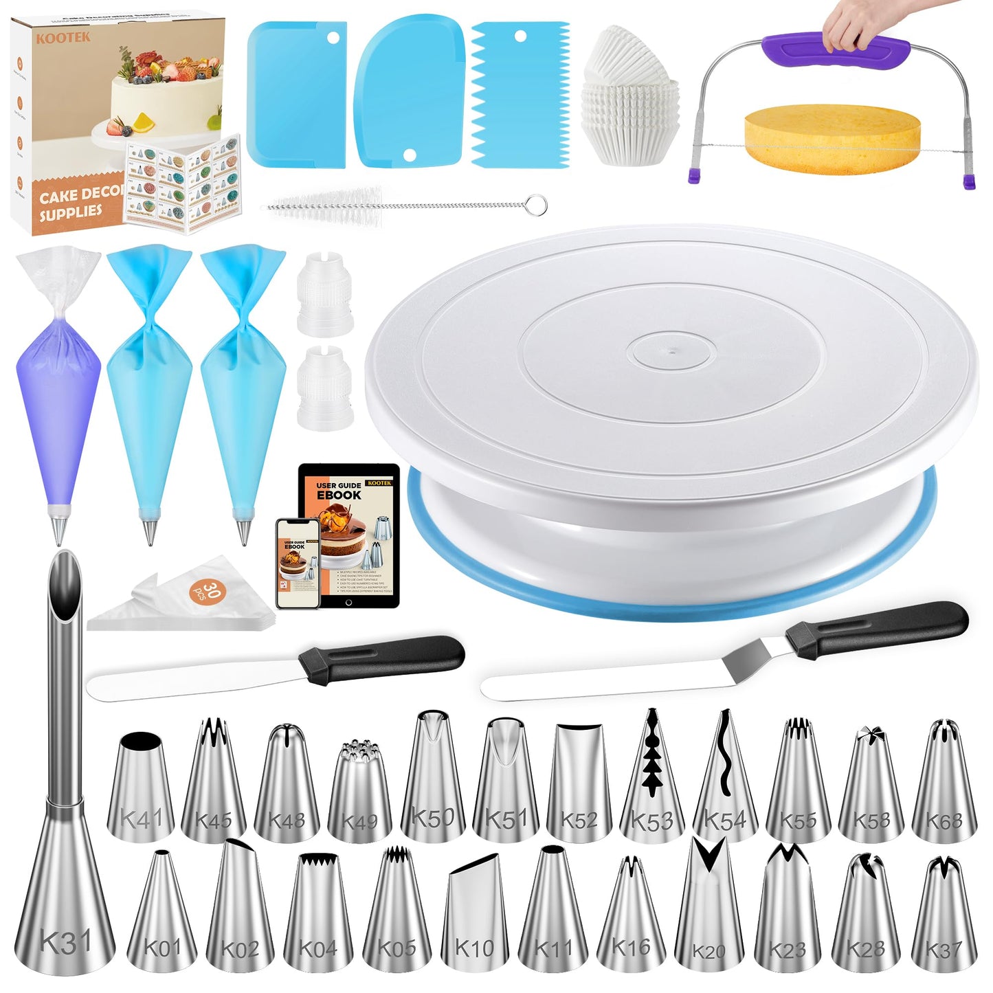 Kootek 230PCs Cake Decorating Kits, Baking Supplies Tools with Cake Stand Turntable, Piping Bags and Tips, Cake Leveler, Frosting Icing Spatulas & More Accessories for Cake Cupcake Decorations