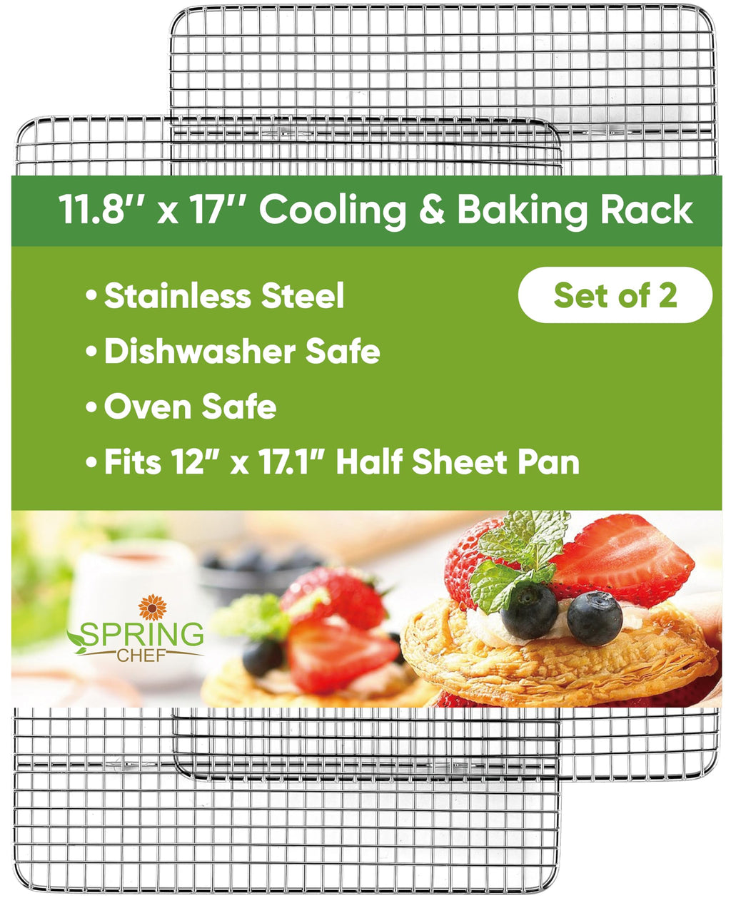 Spring Chef 10" x 15" Stainless Steel Cooling Racks for Baking - Oven Safe - Cookie Racks for Cooling Cookies - Fits Jelly Roll Pan - Perfect for Grilling, Roasting, Cooking, Drying - Set of 2