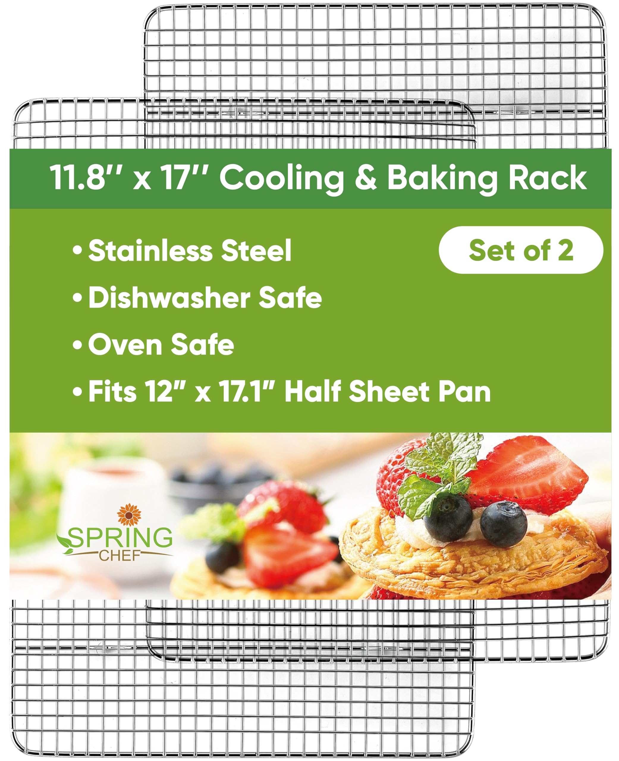Spring Chef 10" x 15" Stainless Steel Cooling Racks for Baking - Oven Safe - Cookie Racks for Cooling Cookies - Fits Jelly Roll Pan - Perfect for Grilling, Roasting, Cooking, Drying - Set of 2