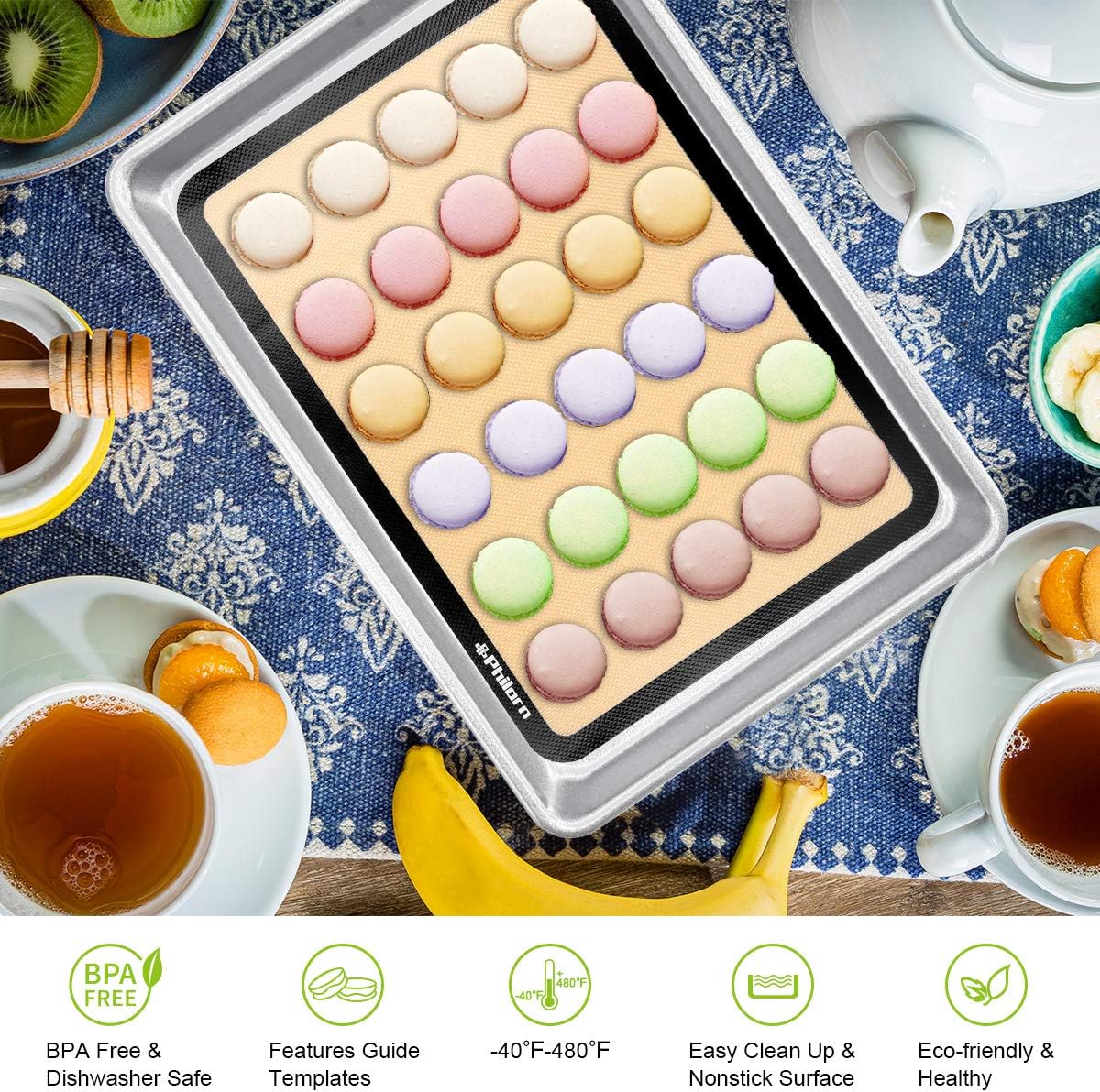 Philorn Silicone Baking Mat Set, 16.5" x 11.42" Macaron Mat, Non-Stick With Tools, 2 Pack Food Safe, Reusable for Oven, Cookie, Bread