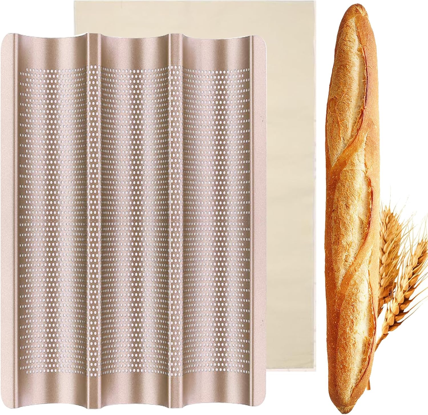 Baguette Pan, French Bread Baking Pan Perforated 3 Loaves Long Italian Bread Pan Mold Nonstick Baguettes Bakery Tray with Proofing Cloth,15"x11"