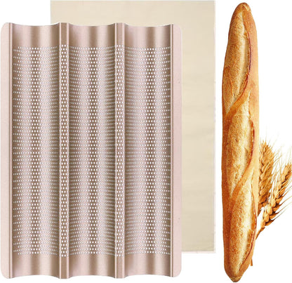 Baguette Pan, French Bread Baking Pan Perforated 3 Loaves Long Italian Bread Pan Mold Nonstick Baguettes Bakery Tray with Proofing Cloth,15"x11"