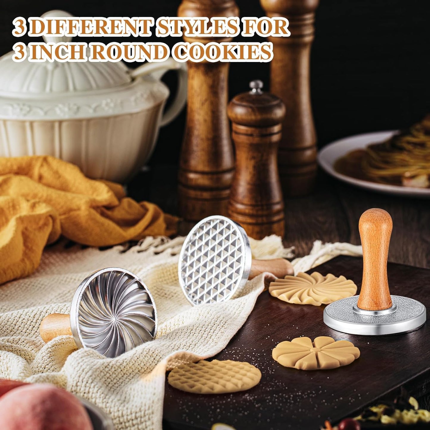 Wenqik 3 Pcs Cookie Stamps Round Metal Cookie Press Cutter Mold with Wooden Handle Cookie Embossing Stamp Mold Cookie Stamper Decorating Supplies for DIY Baking Cakes Pastries Easy to Use Gift Package