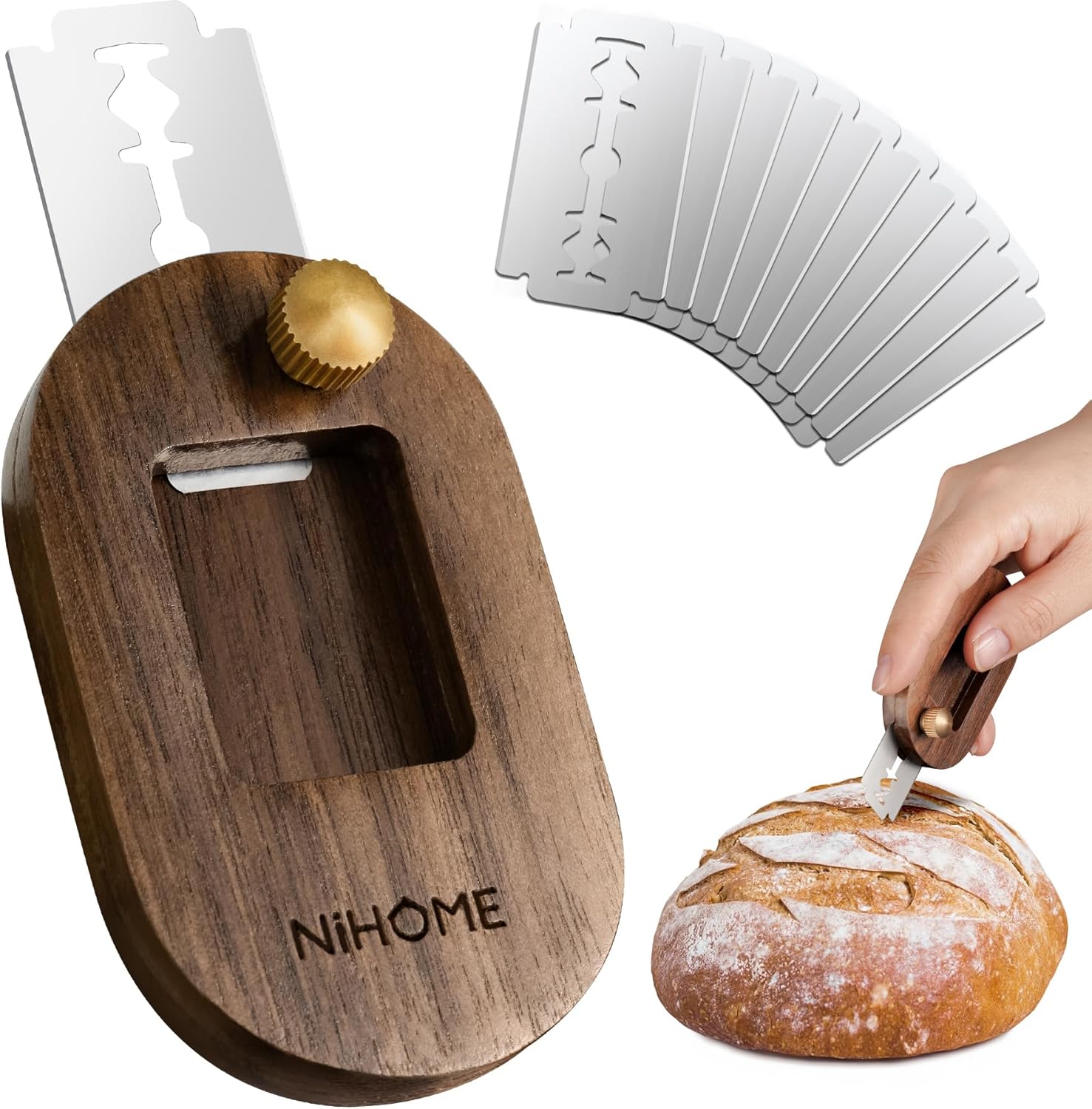 NiHome Bread Lame with Extractable Blade and Magnetic Back, Push-Pull Design for Secure Blade Locking, Easy-to-Use Walnut Wood Handle, Perfect for Dough Scoring, Bread, Pastries, and Food Cutting