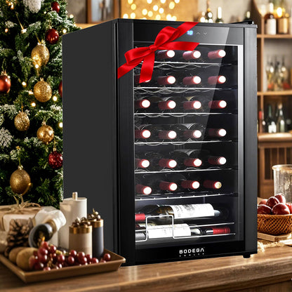 BODEGACOOLER 28 Bottle Compressor Wine Cooler Refrigerator, Mini Fridge with 41-64.4°F Digital Temperature Control Glass Door,Small Freestanding Wine Refrigerator for Red, White and Champagne