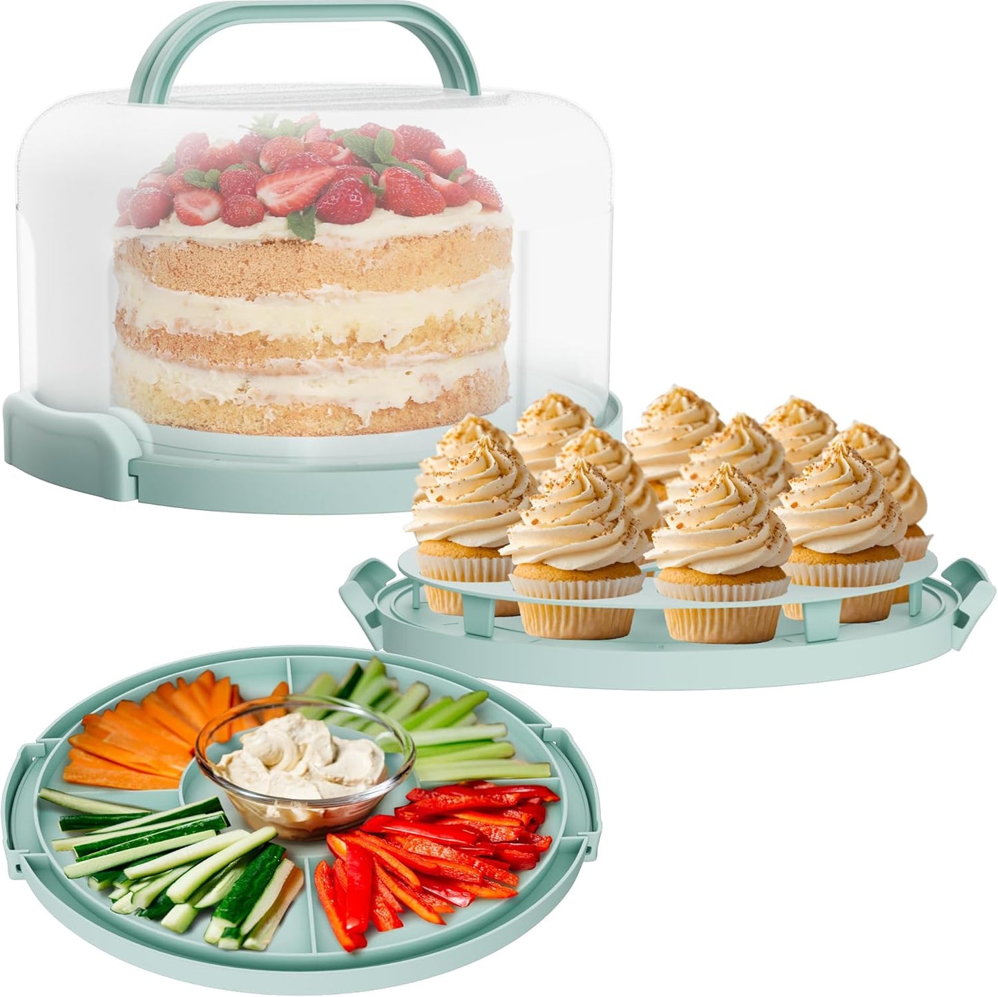 Cake Carrier with lid and Handle - Multipurpose Cake Stand with Lid for 10” Cake, Pie, Cupcakes - Cake Holder & Lid, Plastic Cake Container, Round Cake Cover for Transport & Storage (Seafoam Green)