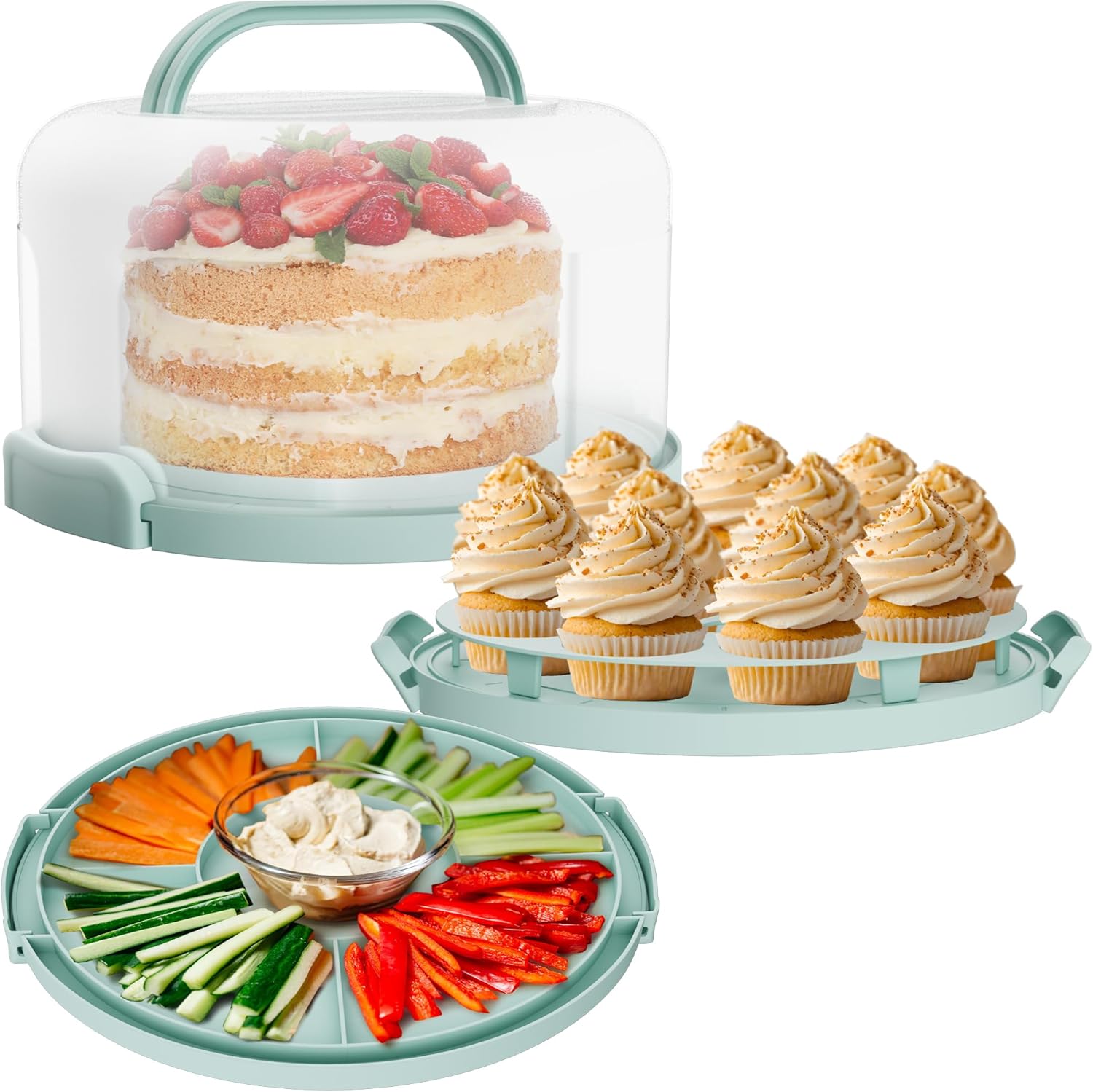 Cake Carrier with lid and Handle - Multipurpose Cake Stand with Lid for 10” Cake, Pie, Cupcakes - Cake Holder & Lid, Plastic Cake Container, Round Cake Cover for Transport & Storage (Seafoam Green)