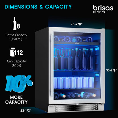 Zephyr Brisas 24 Inch Wine Fridge Single Zone Under Counter - Beverage and Wine Cooler Drink Refrigerator for Home with Glass Door 8 Bottles 112 cans