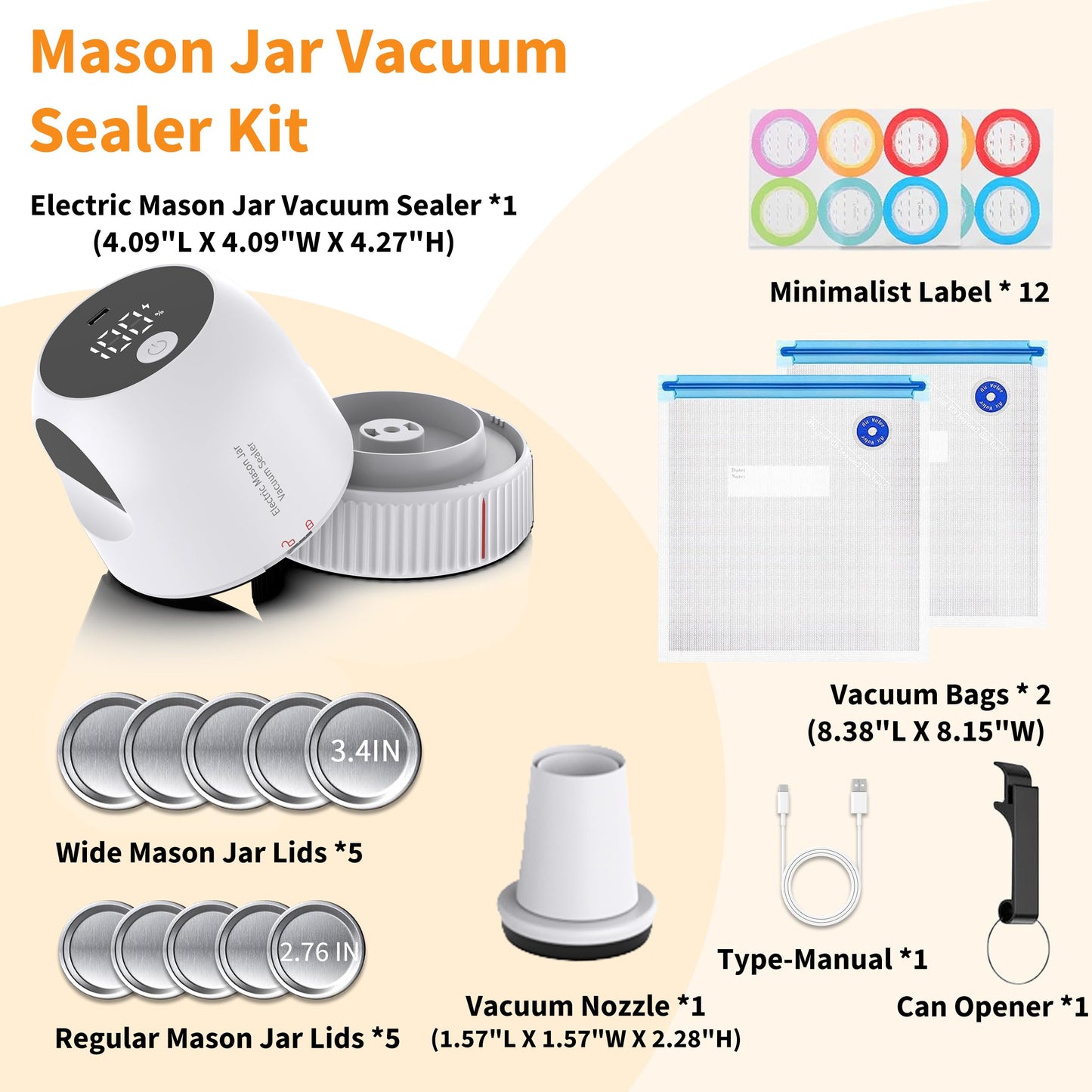 3 in 1 Electric Mason Jar Vacuum Sealer Kit, Auto Stop Jar vacuum Sealer for Mason Jars Vacuum Sealer for Jars Wide & Regular Mouth & Sous Vide Bags Compact Vacuum Sealer Vacuum Sealer for Food White