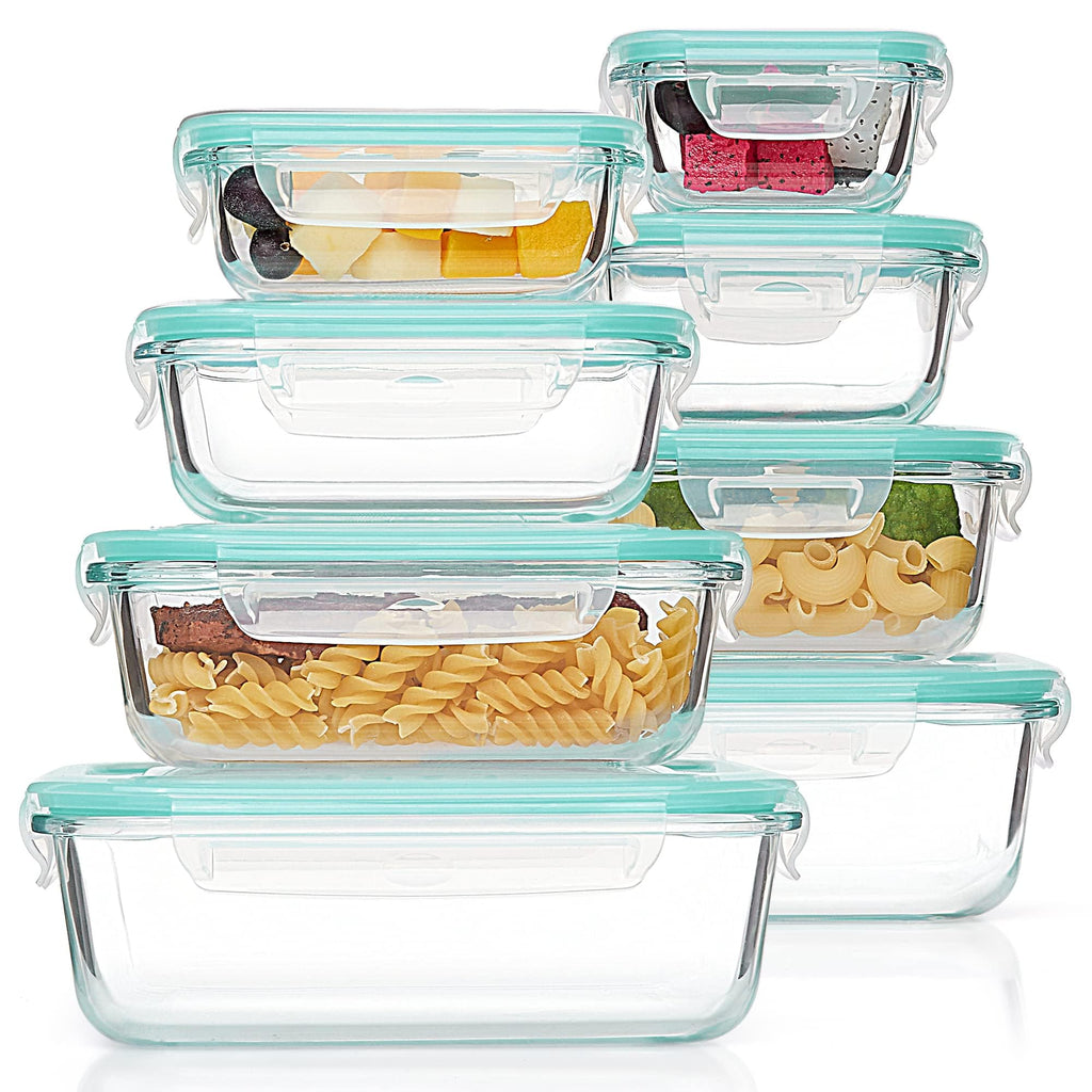 Vtopmart 8 Pack Szklane pojemniki do przechowywania żywności z hermetycznymi pokrywkami, Szklane pojemniki do przygotowywania posiłków, Bento Boxy na lunch, do kuchenki mikrofalowej, piekarnika, zamrażarki i zmywarki, bez BPA