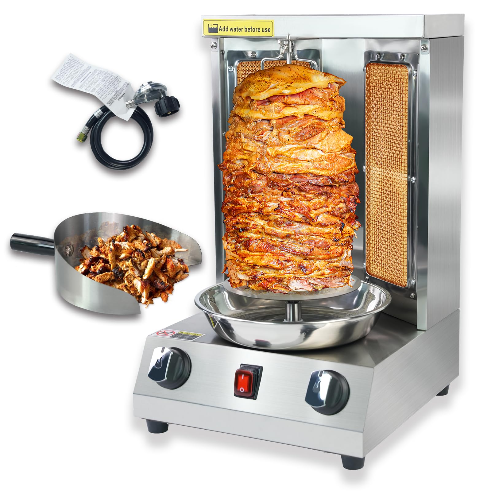 Uniwersalny grill Shwarma, maszyna do kebaba na gaz, kuchenka do shawarmy, propan, turecki gyros, rożen do mięsa z 2 palnikami i patelnią do łapania mięsa, srebrny