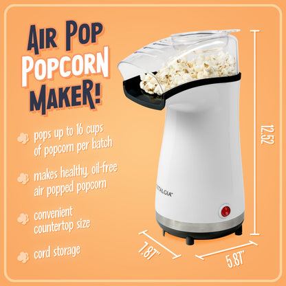 Nostalgia 16 Cup Hot Air Popcorn Maker | Makes Hot, Healthy Popcorn, No Oil Needed | Measuring Cap for Kernels Included | Stainless Steel |White