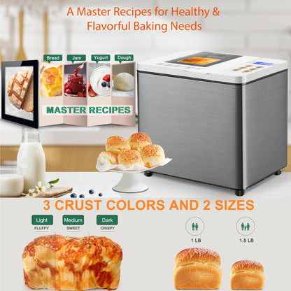 19-in-1 Smart Dual Heaters Bread Maker With Heat-Conductive Nonstick Ceramic Pan, Quiet Bread Machine with 15H Timer & 1H Keep Warm, Stainless Steel BreadMaker with French, Gluten-Free,Sourdough