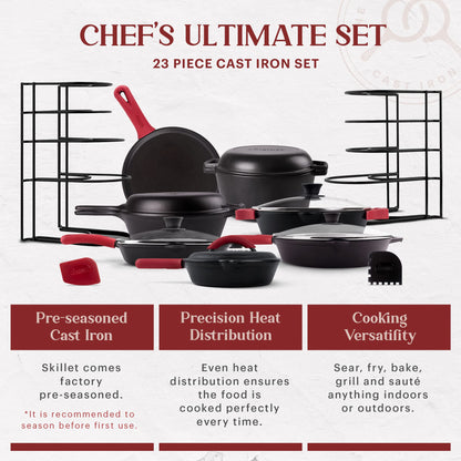 Cuisinel Cast Iron 24-Pc Cookware Set - 8" Skillet + Cast Iron Lid + 12"+Lid + 10" Braiser with Lid + Grill Pan + Lid + Griddle + 5-Qt Dutch Oven + Multi-Cooker + 12"+15" Pan Rack + Scraper + Handles