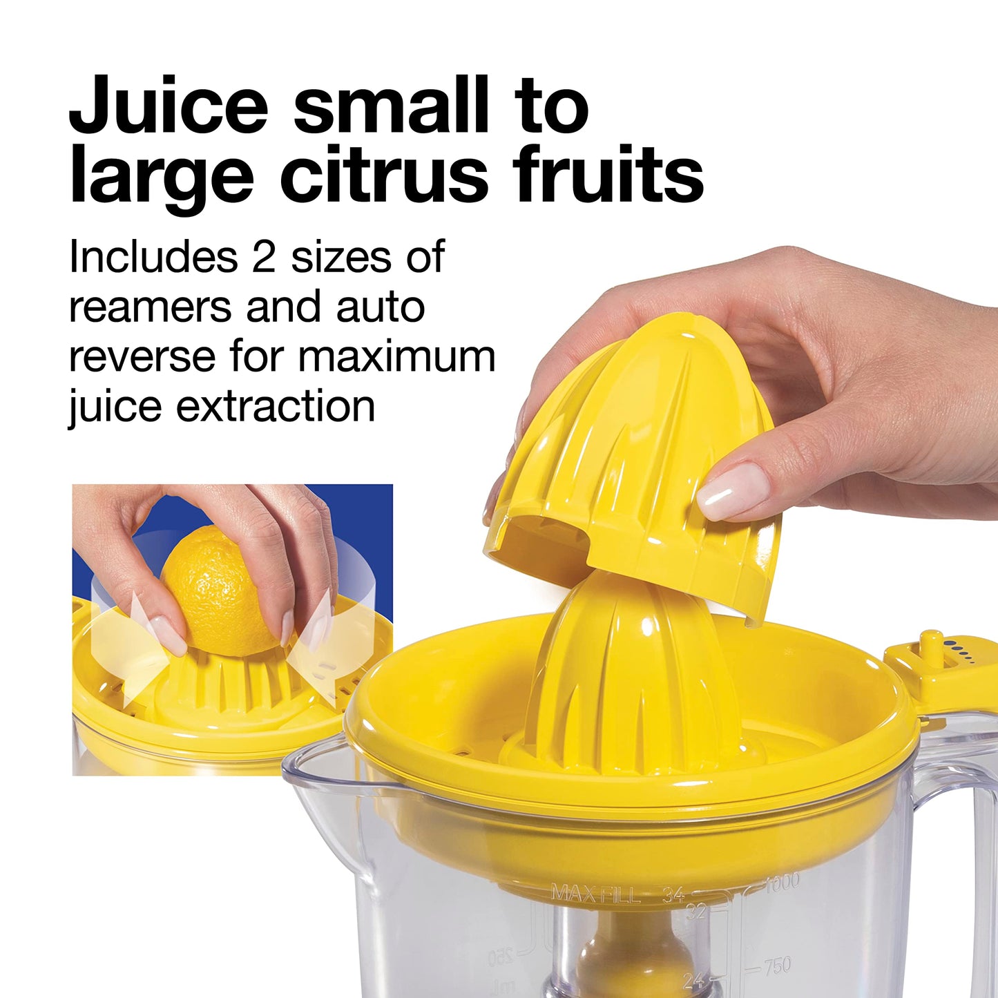 Proctor Silex Alex's Lemonade Stand Electric Citrus Juicer Machine and Squeezer, for Lemons, Limes and Oranges, 34 oz, Includes 2 Reamers & Recipe Book, Yellow (66341)