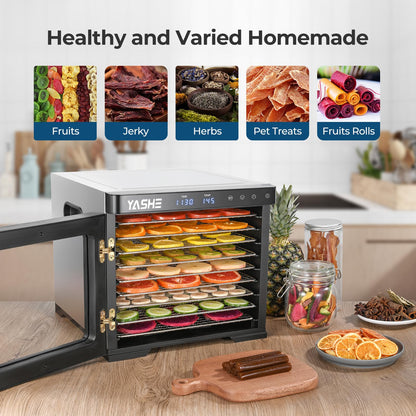 YASHE Food Dehydrator Machine, 9-Tray Stainless Steel Jerky Dehydrator, 1000W Food Dryer with Adjustable Timer & Temperature, Recipes Included for Meat, Fruits, and Herbs