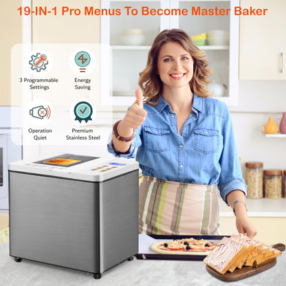 19-in-1 Smart Dual Heaters Bread Maker With Heat-Conductive Nonstick Ceramic Pan, Quiet Bread Machine with 15H Timer & 1H Keep Warm, Stainless Steel BreadMaker with French, Gluten-Free,Sourdough