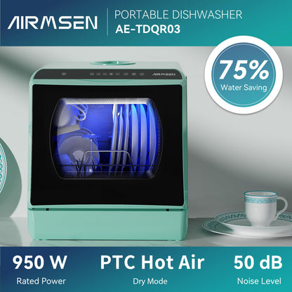 AIRMSEN przenośne zmywarki blatowe, 5 programów mycia, miniaturowe zmywarki z wbudowanym zbiornikiem na wodę o pojemności 5 l i dwuwarstwowymi szklanymi drzwiami, bez konieczności podłączania, do domów, apartamentów i kamperów