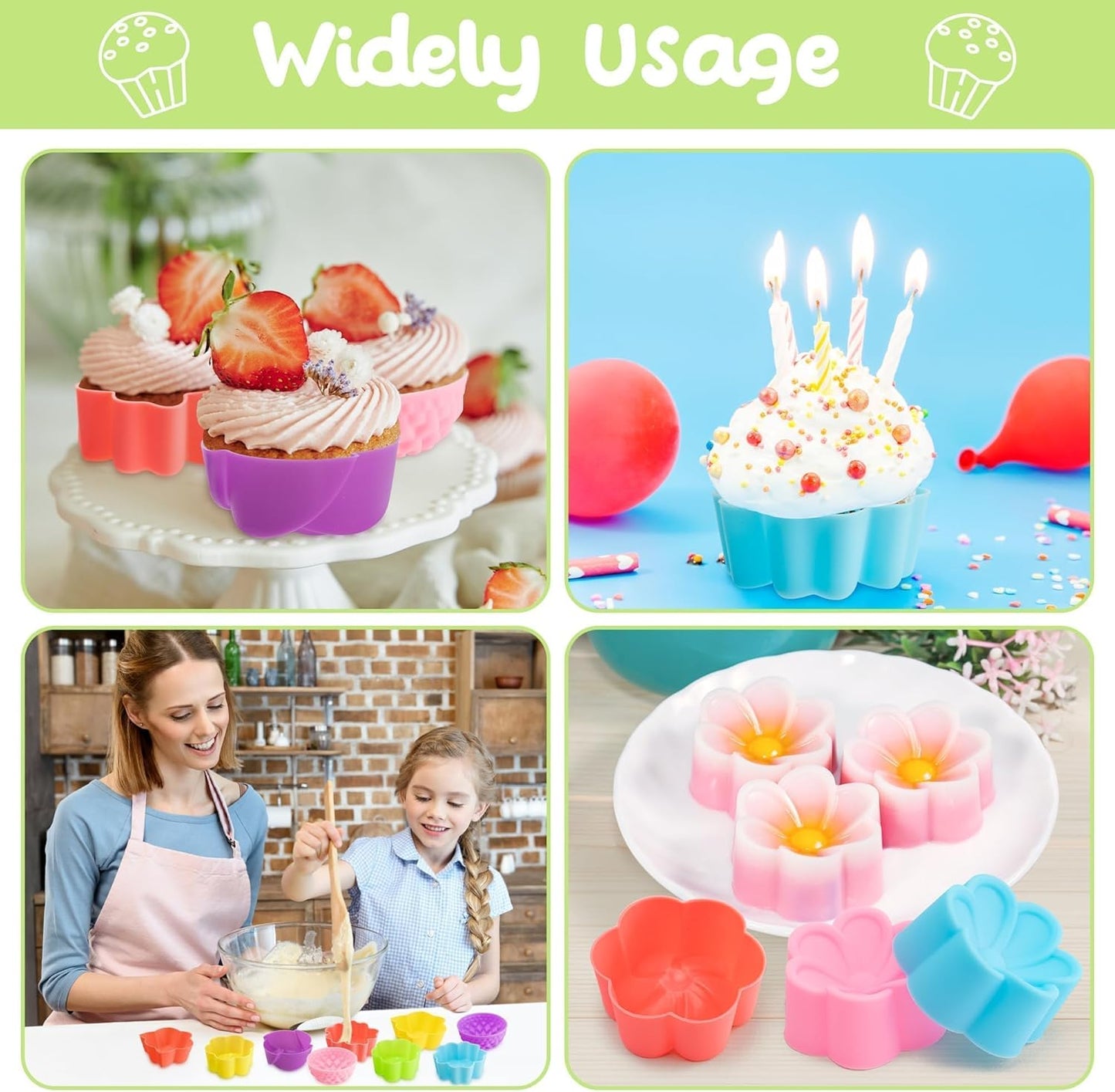 R HORSE 42Pcs Mini Size Silicone Molds, 2 x 0.8 inch Cupcake Multi Flower Shapes Baking Cups Non-Stick Donut Wrapper Mold Muffin Liners Washable for Pan Oven Microwave Dishwasher