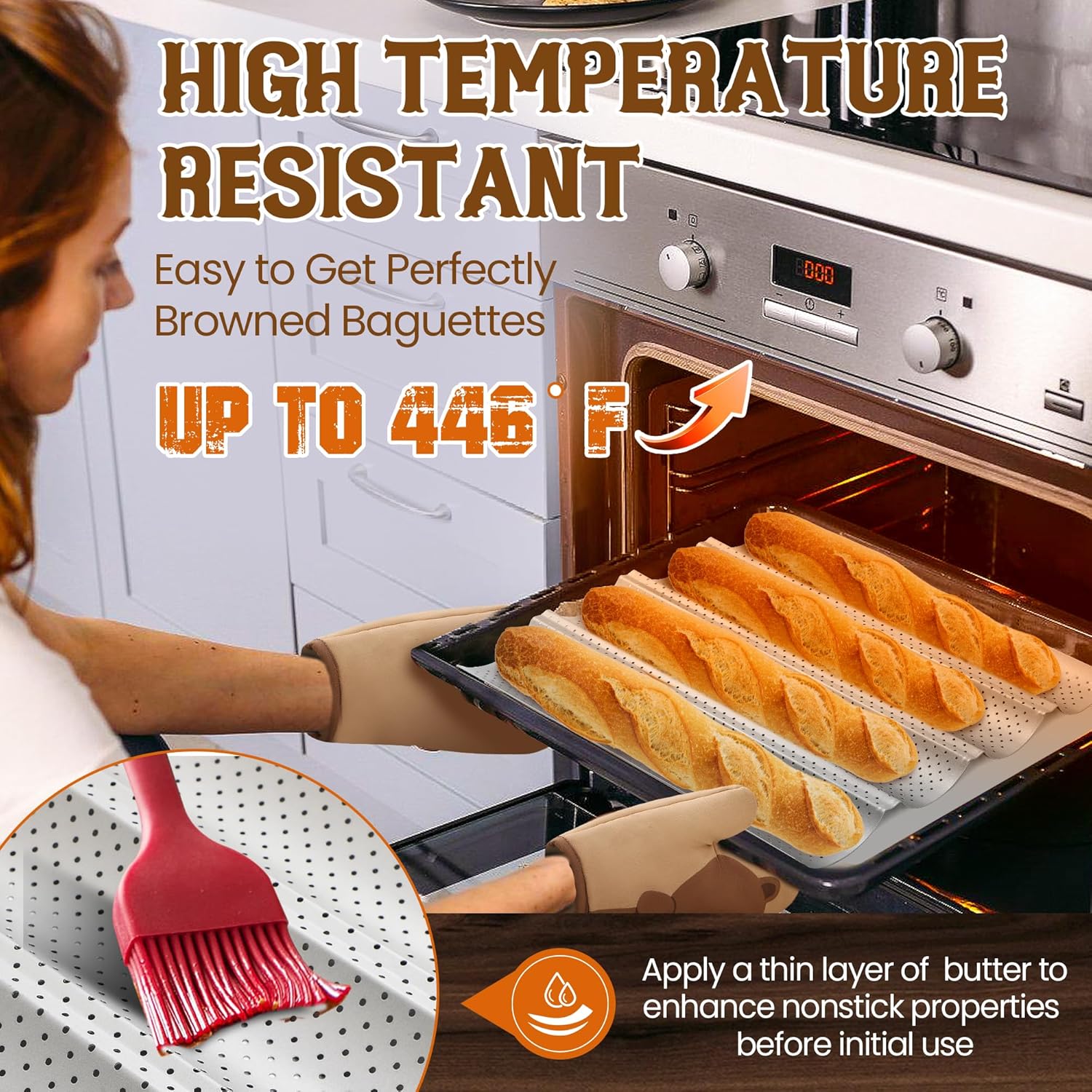 Baguette Bread Pan, Premium Nonstick Perforated Baguette Pan for French Bread Baking, 4 Loaves Baguette Baking Tray for Sourdough, Italian Bread, Perfect for Creating Crisp Golden-Brown Crust