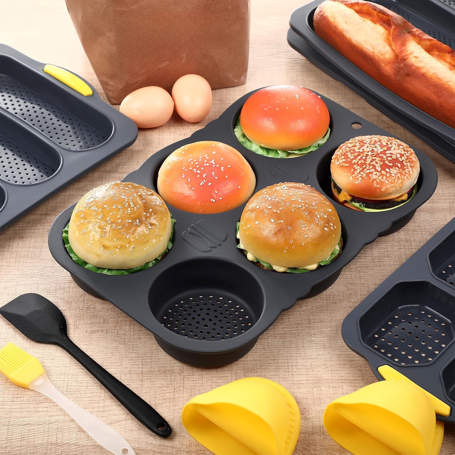 8 Pcs Silicone Baguette Hamburger Bun Baking Pan Set 4 6 9 Cup French Bun Mold 3 Cup Nonstick Baguette Bread Pan with Tool for Homemade Bread Loaf Sandwich Microwave