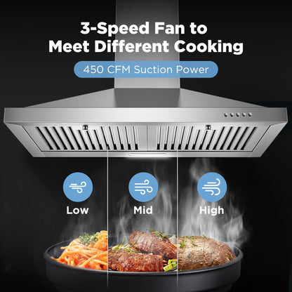 Zomagas 24 Inch Range Hood, Wall Mount Vent Hood in Stainless Steel with Ducted/Ductless Convertible Duct, 3 Speed Exhaust Fan, Energy Saving LED Light, Push Button Control, 2 Pcs Baffle Filters