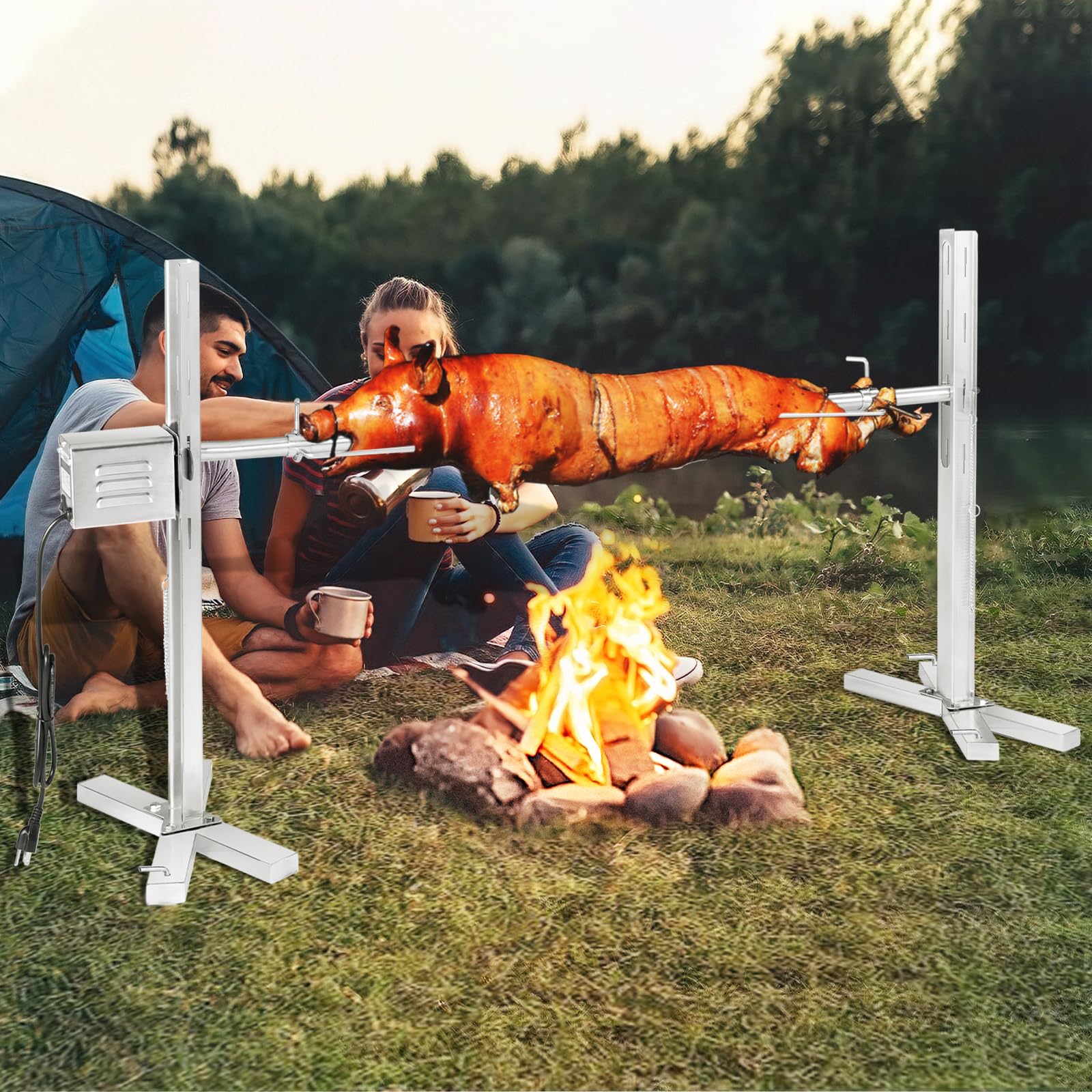 Комплект електричного гриля-вертушки Kendane, 90 фунтів гриль-вертушка для свиней, штатив з нержавіючої сталі, підставка для вертела, 52-дюймовий рожен з вугіллям для свиней та ягнятини, двигун 15 Вт та регулювання висоти для кемпінгу