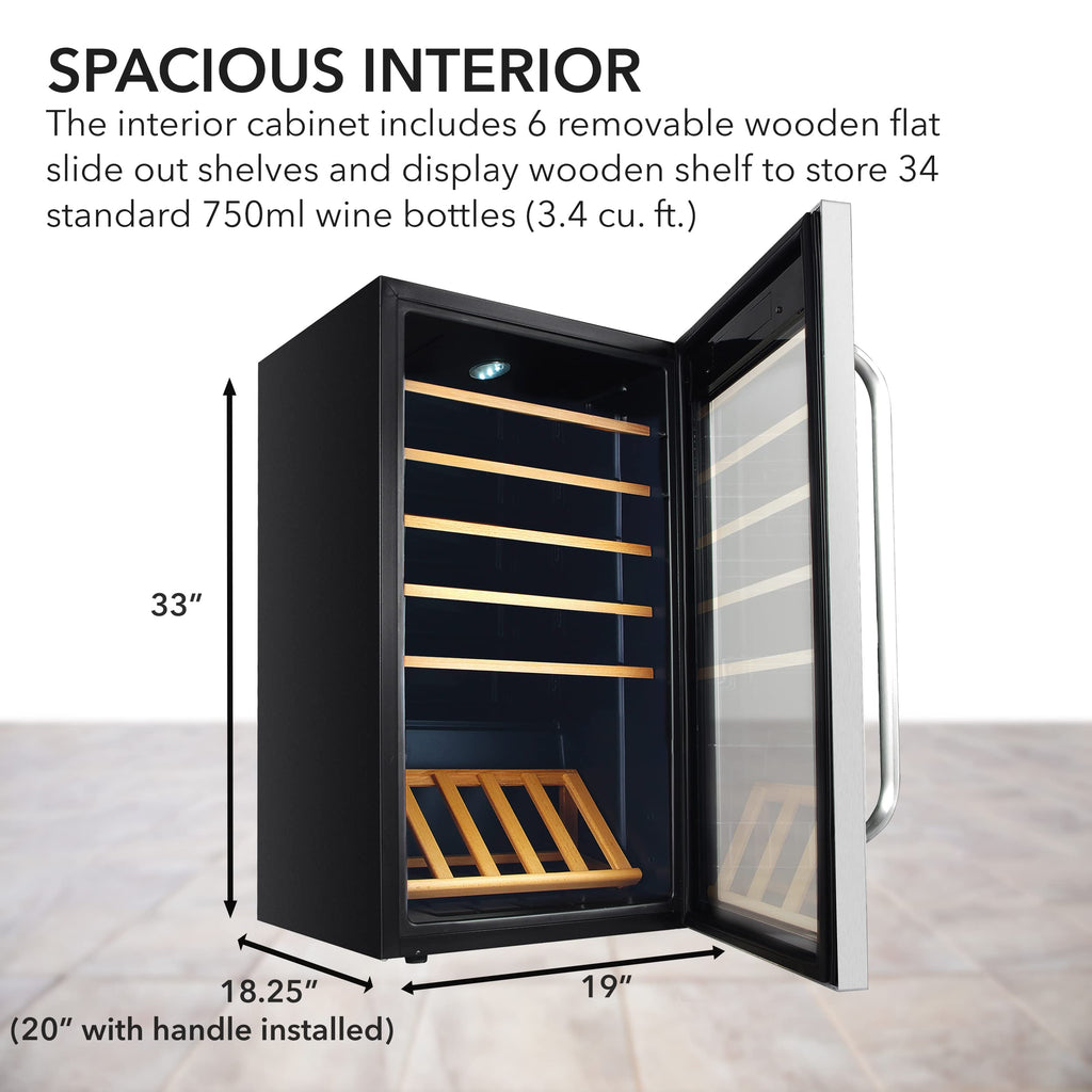 Whynter FWC-341TS 34 Bottle Freestanding Stainless Steel Wine Refrigerator with Display Shelf and Digital Control, Gray