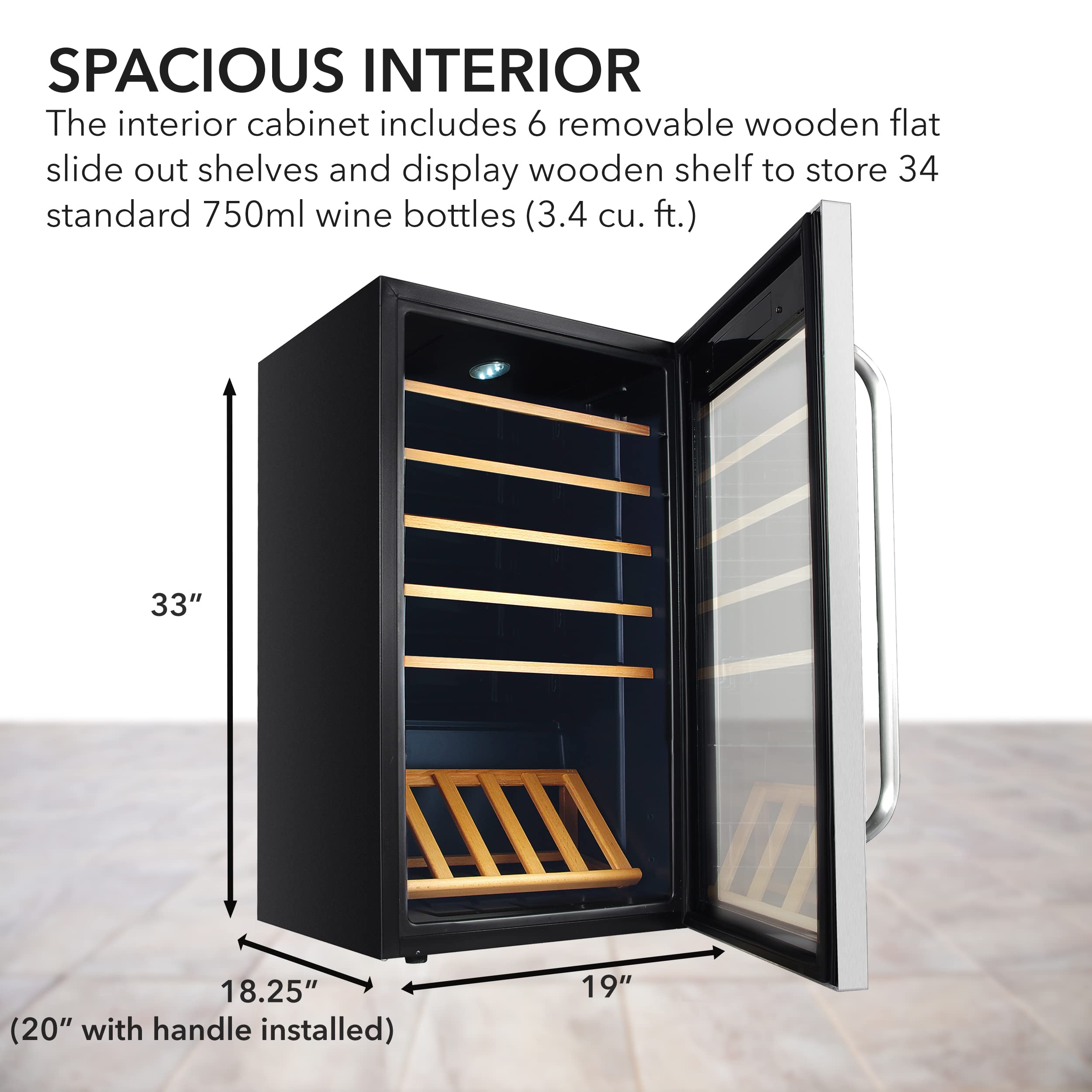 Whynter FWC-341TS 34 Bottle Freestanding Stainless Steel Wine Refrigerator with Display Shelf and Digital Control, Gray