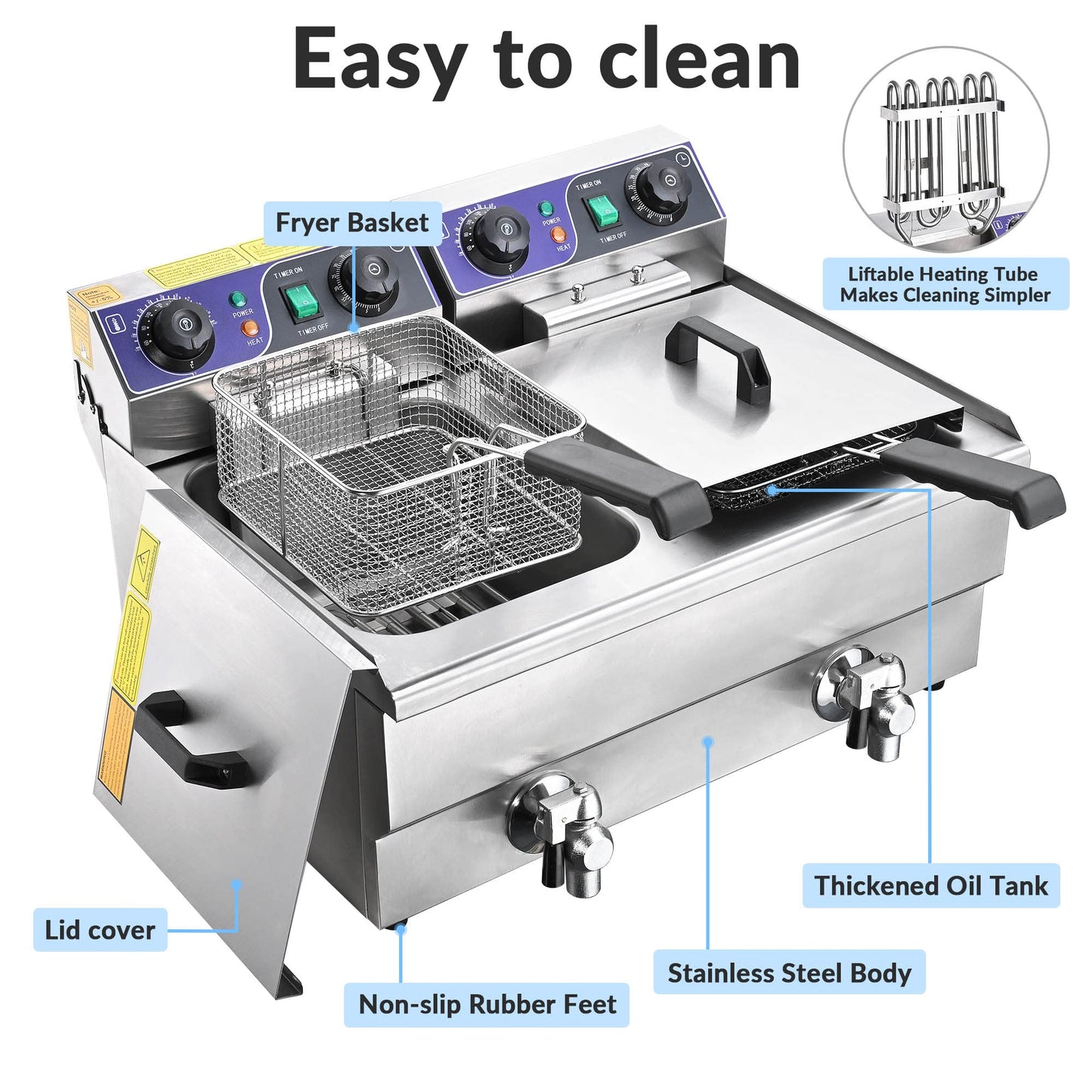 WeChef Commercial Electric Deep Fryer 23.4L 3000W Fryer w/Time Control and Oil Filtration Dual Removable Basket Stainless Steel Countertop Fryer for Commercial Restaurant Use