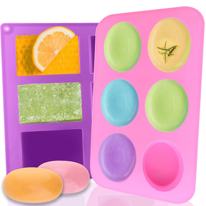 3 Pack Silicone Soap Molds, 6 Cavities Rectangle Silicone Mold, Great for Homemade Craft Soap Mold, Chocolate, Cake Molds ＆ Ice Cube Tray - Just Pop Out（Pink & Blue & Purple）
